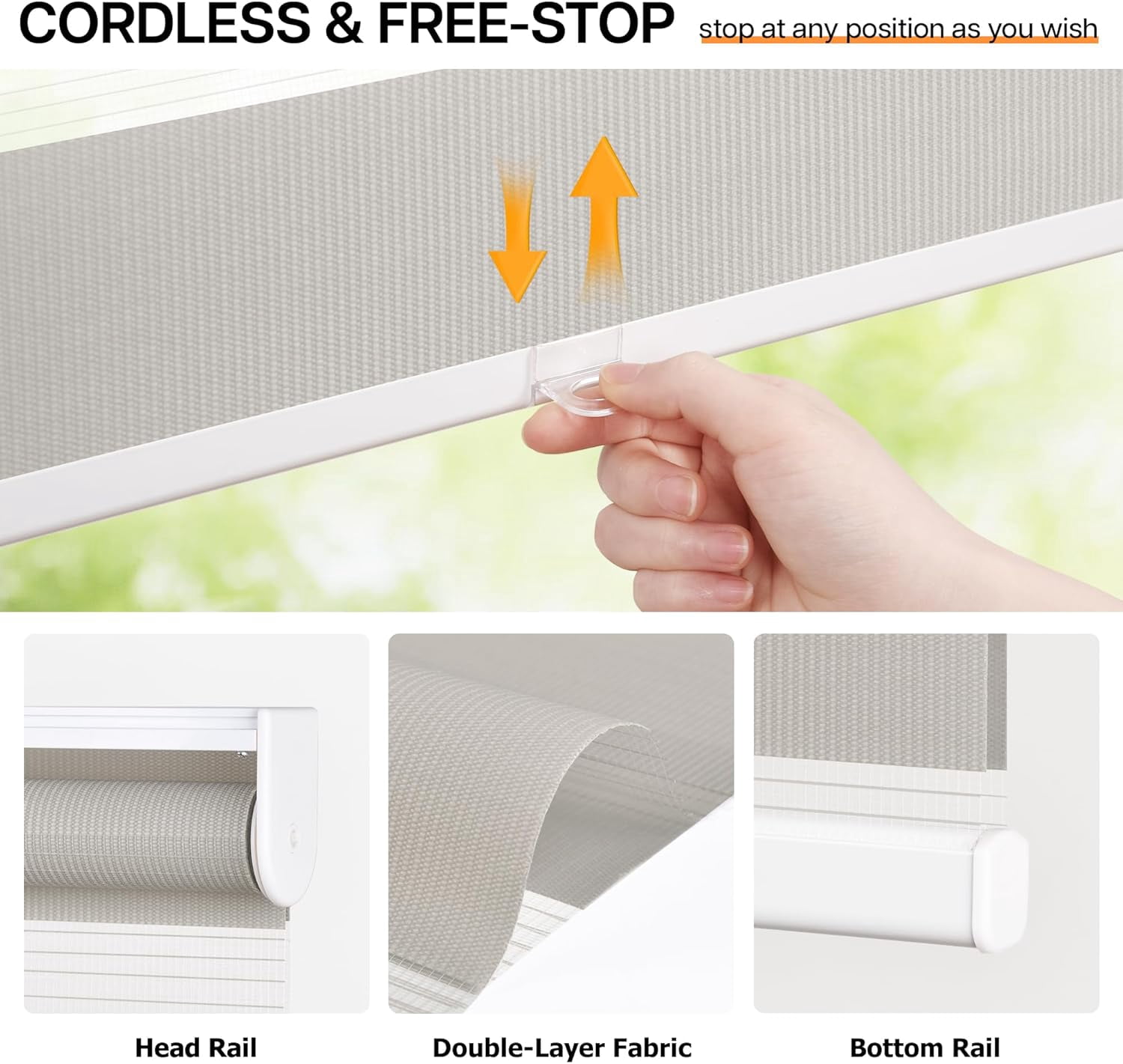 LazBlinds No Tools No Drill Cordless Zebra Blinds for Windows, Dual Layer Light Control for Day and Night, Light Filtering Privacy Roller Blinds and Shades for Home, 44" W x 72" H, Stone Grey
