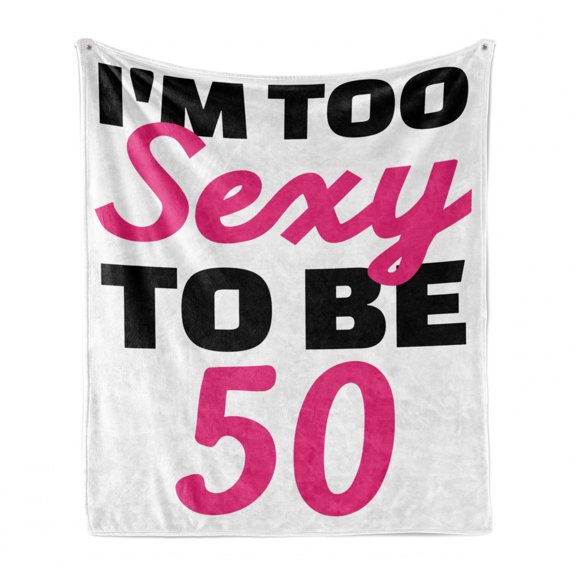 50th Birthday Soft Flannel Fleece Throw Blanket, Being 50 Themed Funny Pictogram Hand Writing Calligraphy Print, Cozy Plush for Indoor and Outdoor Use, 50" x 70", White Black and Pink, by Ambesonne