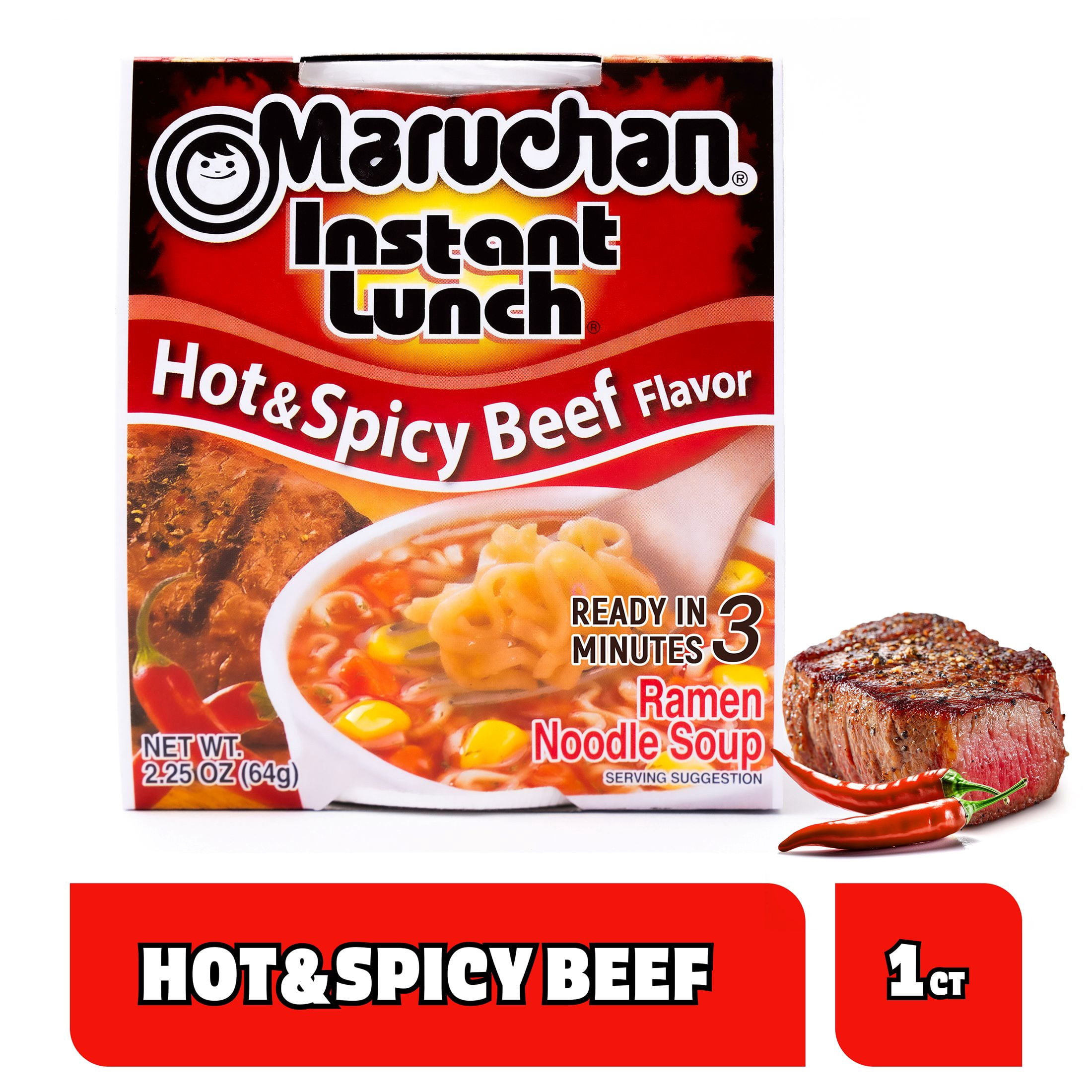 (12 pack) Maruchan Instant Lunch Hot & Spicy Beef Ramen Noodles Cup, 2.25 oz, Ready-To-Eat