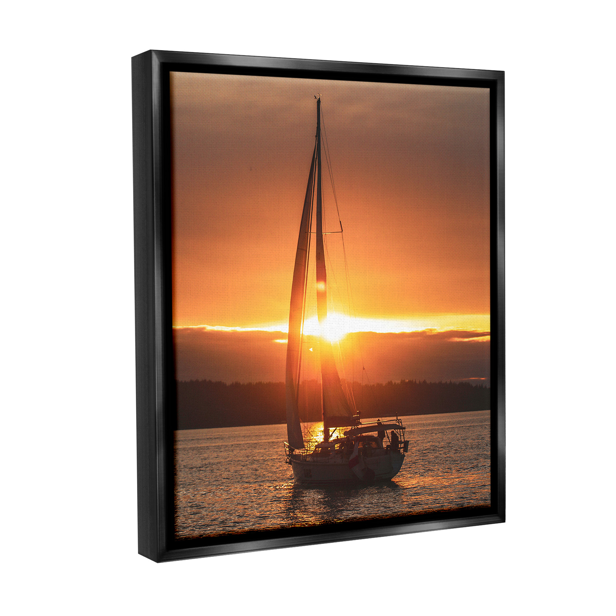 Stupell Industries Sailboat at Sunset Transportation Photography Black Floater Framed Canvas Art Print Wall Art, 17 x 21