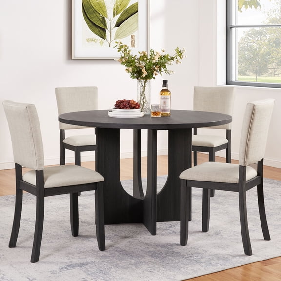 MAYEERTY 5-Piece 47.3" Round Dining Table Set with 4 Upholstered Chairs for Kitchen Living Room, Black & Beige