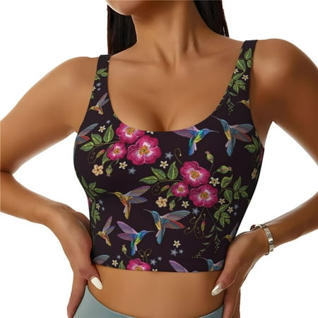 Qokaie Flowers And Humming Bird1 Pattern Womens Scoop Neck Sports Bra Breathable Workout Vest Padded U Back Medium Impact Fitness Gym Yoga Bra Workout Crop Top-Small