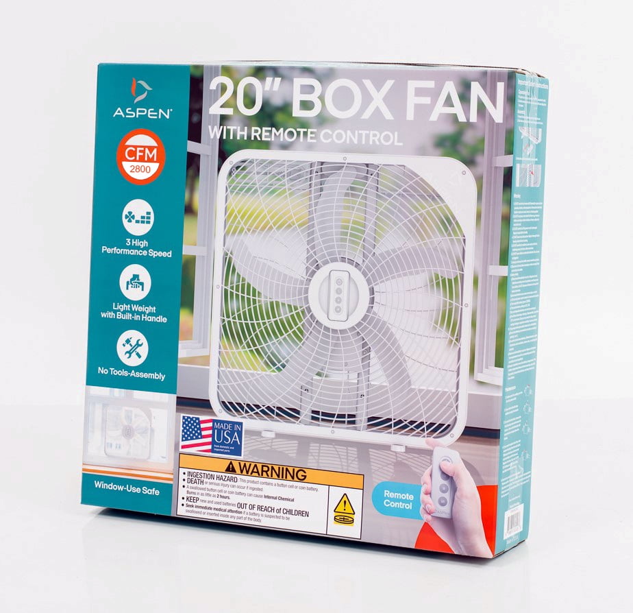 THE ASPEN 20” White Box Fan with Remote Control, 2800 Cubic Feet per Minute, Efficient Cooling, 3 Speed, AB-20US