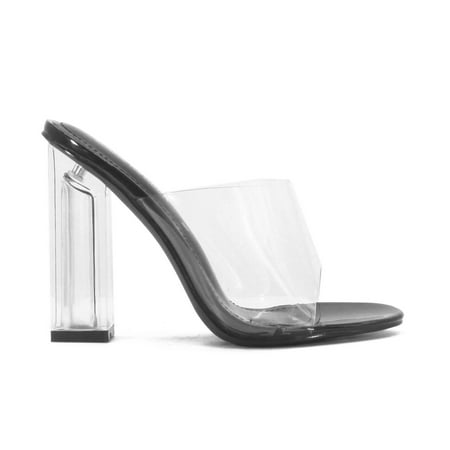 

Cape Robbin Shoes Fusion Translucent Block High-Heel Mule Open Toe Sandal Black 6.5
