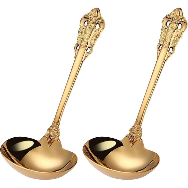 2 Piece Stainless Steel Gold Gravy Ladle 1 oz. Serving Spoon Large Buffet Home Kitchen Ladle Set