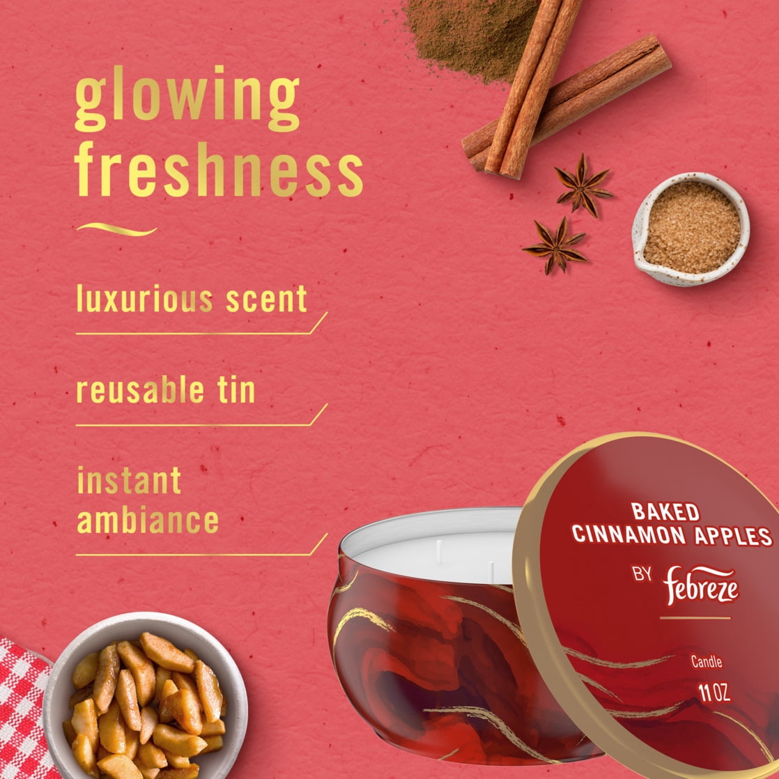 Febreze Baked Cinnamon Apples Scented Candle, 11 oz, 4 Wick, Single Pack