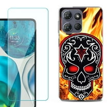 For Motorola Moto G 5G 2025 Phone Case Cover with Tempered Glass Screen Protector, by OneToughShield - Skull Flames