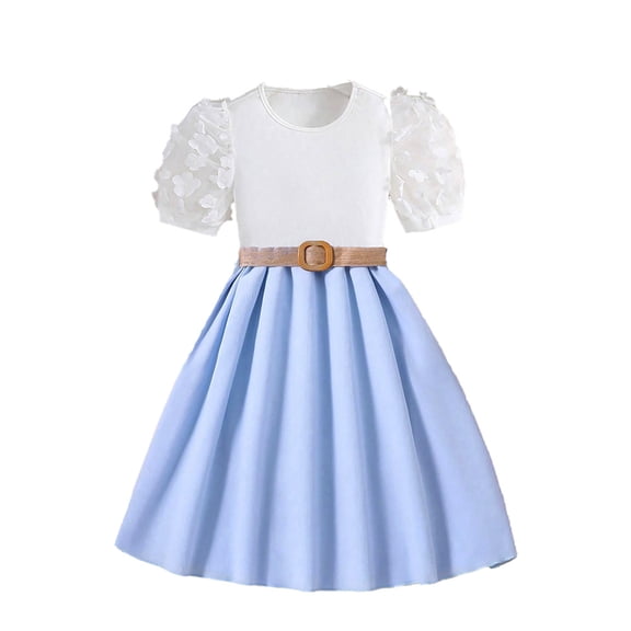 Bearichfupo Girls Solid Color Cute Puffed Sleeve Round Neck Pleated Long Dress, Sizes 7-8 Years