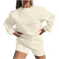 thumbnail image 2 of Tenues à Capuche Deux Pièces pour Femmes 2023 Couleur Unie Mode Blouse Col Rond Manches Longues Hauts Courts Chandail en Molleton Shorts Ensemble Décontracté en Solde, 2 of 7