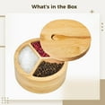 thumbnail image 5 of Salero y pimentero de madera con 3 compartimentos, salero y pimentero, soporte para condimentos con cuchara y tapa absorbente, soporte de almacenamiento de cocina de madera de 4,7 pulgadas para condim, 5 of 5