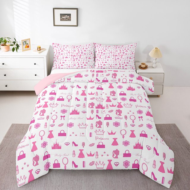 Erosebridal Ensembles de Couette Princesse pour Filles Format Très Grand, Nœud de Rêve Talons Hauts Château Robe Couronne Château Couettes et Duvets, Réversible 3 Pcs