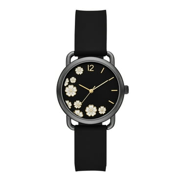 Time and Tru Women's Watch, Gunmetal Round Case, Black Sunray Dial with White Flowers and Black Faux Leather Strap (FMDOTT101)