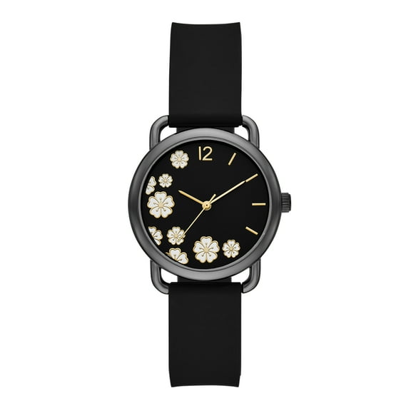 Time and Tru Women's Watch, Gunmetal Round Case, Black Sunray Dial with White Flowers and Black Faux Leather Strap (FMDOTT101)