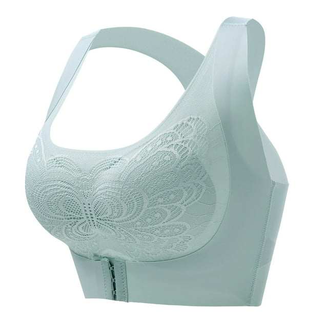 B91xZ Front Close Wirefree Back Support Posture Full Coverage Bra Plus Size Lace Unlined Underwire Bra,Green CXL