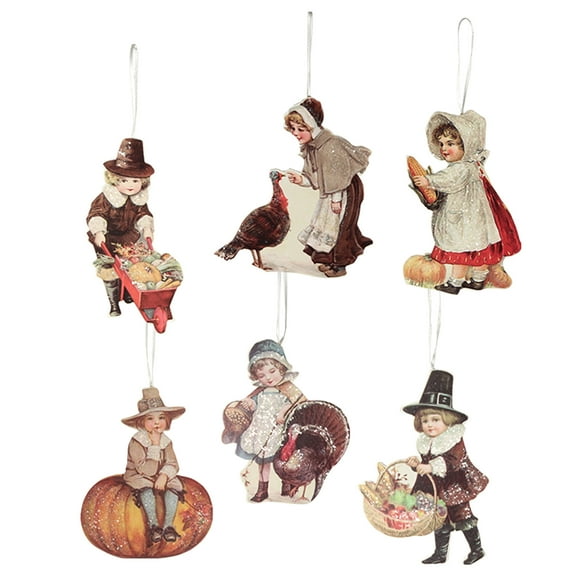 Holiday Ornament Thankgiving Child Ornaments S/6 Pilgrim Turkey Pumpkin Rl8150