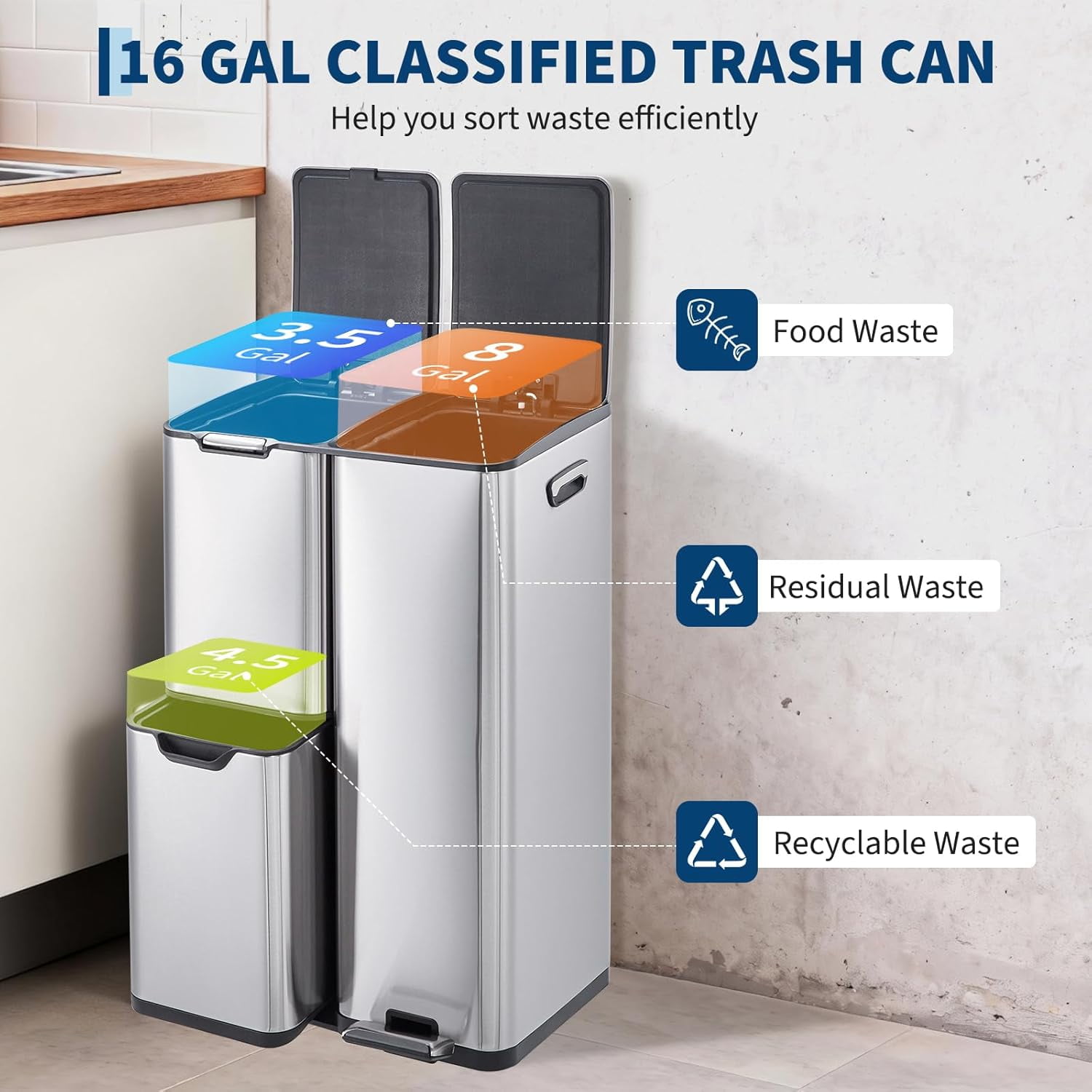 16 Gal Kitchen Triple Compartment Trash Can，Stainless Steel Garbage Can with Soft-Close Lid and Foot Pedal,for Recycling and Waste for Bathroom Home Office,Sliver