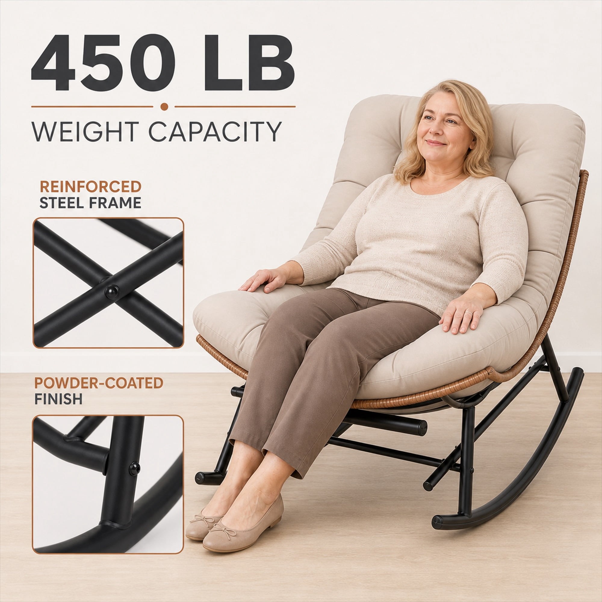 CLOUDREST PRO Outdoor Papasan Rocking Chair with Retractable Footrest, Oversized Wicker Patio Lounge Rocker with Thick Cushion and Steel Frame, 450 lb Capacity, Indoor Outdoor, Brown