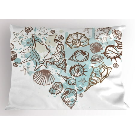 Nautical Pillow Sham Hand Drawn Seashells Scallop Starfish Whelk