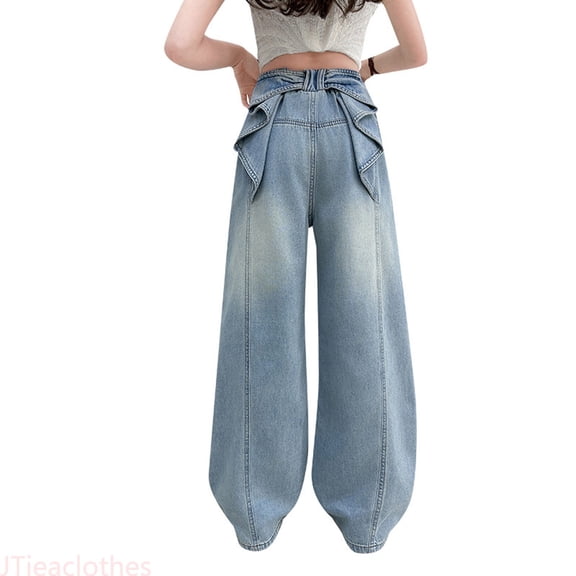 JTieacloth Wide Leg Jeans for School Girls Casual Pants Elastic Waist Wide Leg Straight Long Trousers With Bow Back For Spring Summer Daily Wear Age 8 14,Sizes 8-9 Years