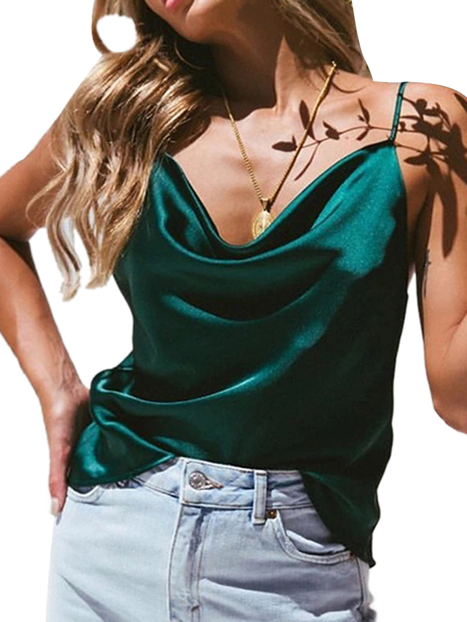 MERSARIPHY Women Solid Color Silk Satin V Neck Pleated Loose Camisole