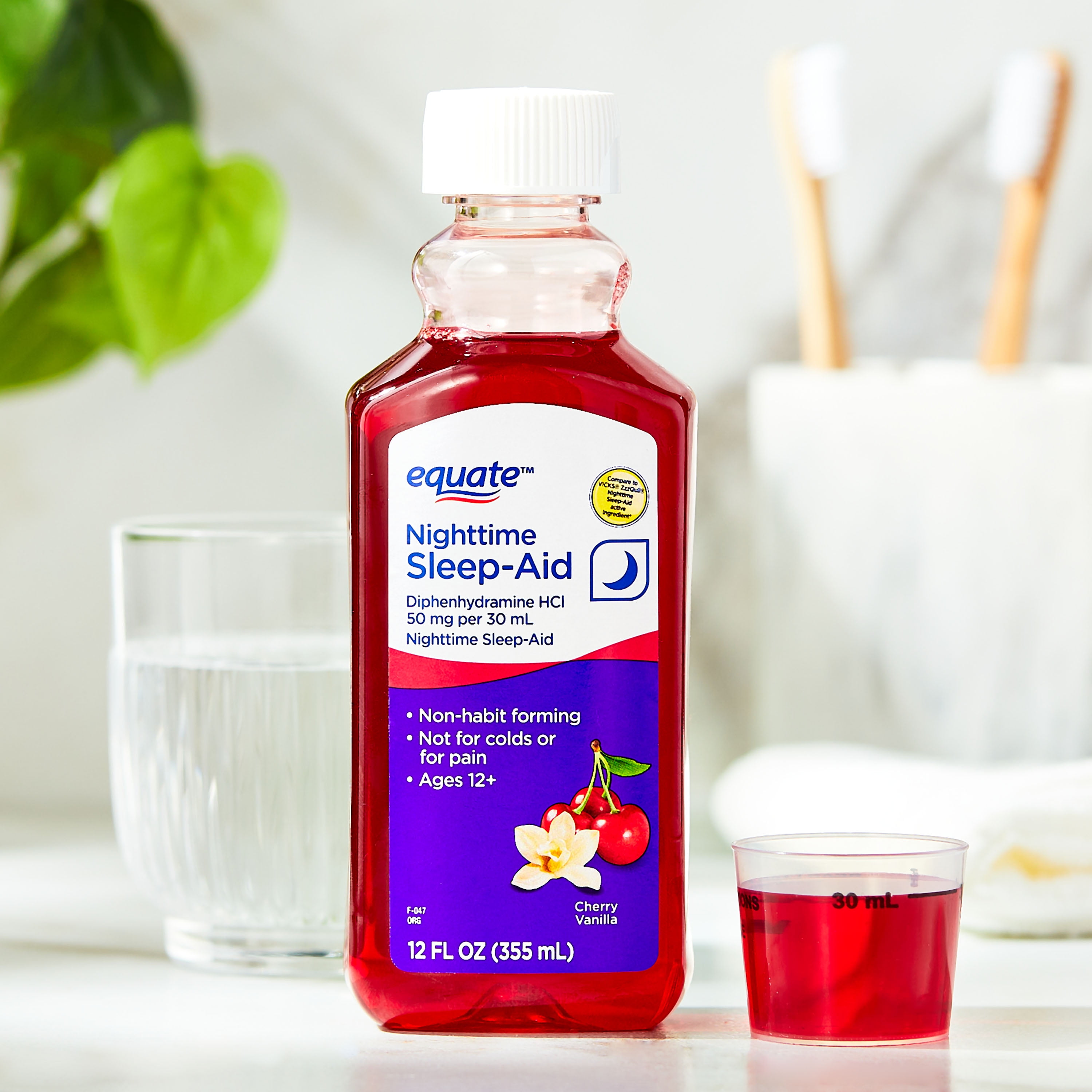 Equate Alcohol-FreeNighttime Sleep Aid Diphenhydramine 50 mg Liquid, Cherry Vanilla Flavor, 12 fl oz, Compare to VICKS® ZzzQuil ®Nighttime Sleep-Aid Active Ingredient