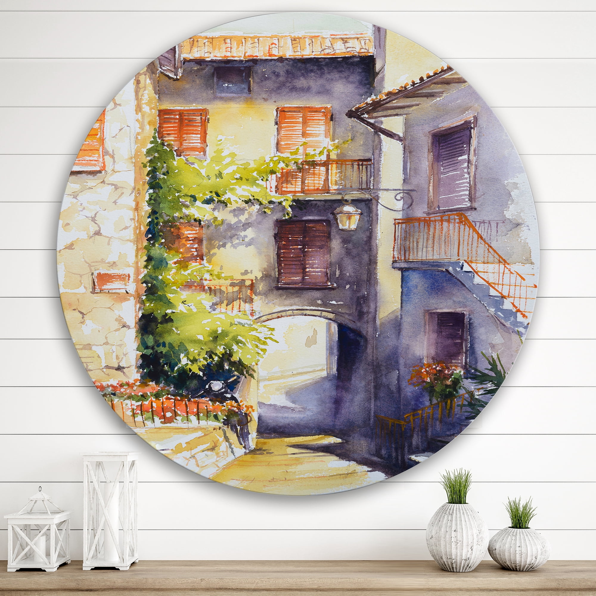 Designart 'Idyllic and Rustic Italian VIllage' Country Circle Metal Wall Art 36x36 - Disc of 36