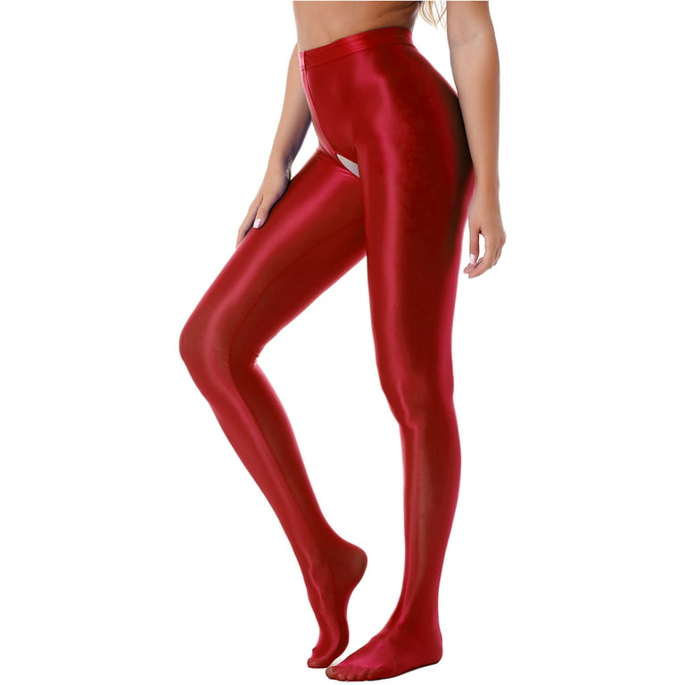 MSemis Women Glossy Oil Shiny Opaque Pantyhose Shimmery Tights Skinny  Leggings for Honeymoon Gift Burgundy M