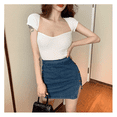 thumbnail image 1 of Pudcoco Hauts Basiques en Maille Côtelée pour Femmes, Manches Courtes Couleur Unie T-Shirts Ajustés, 1 of 6