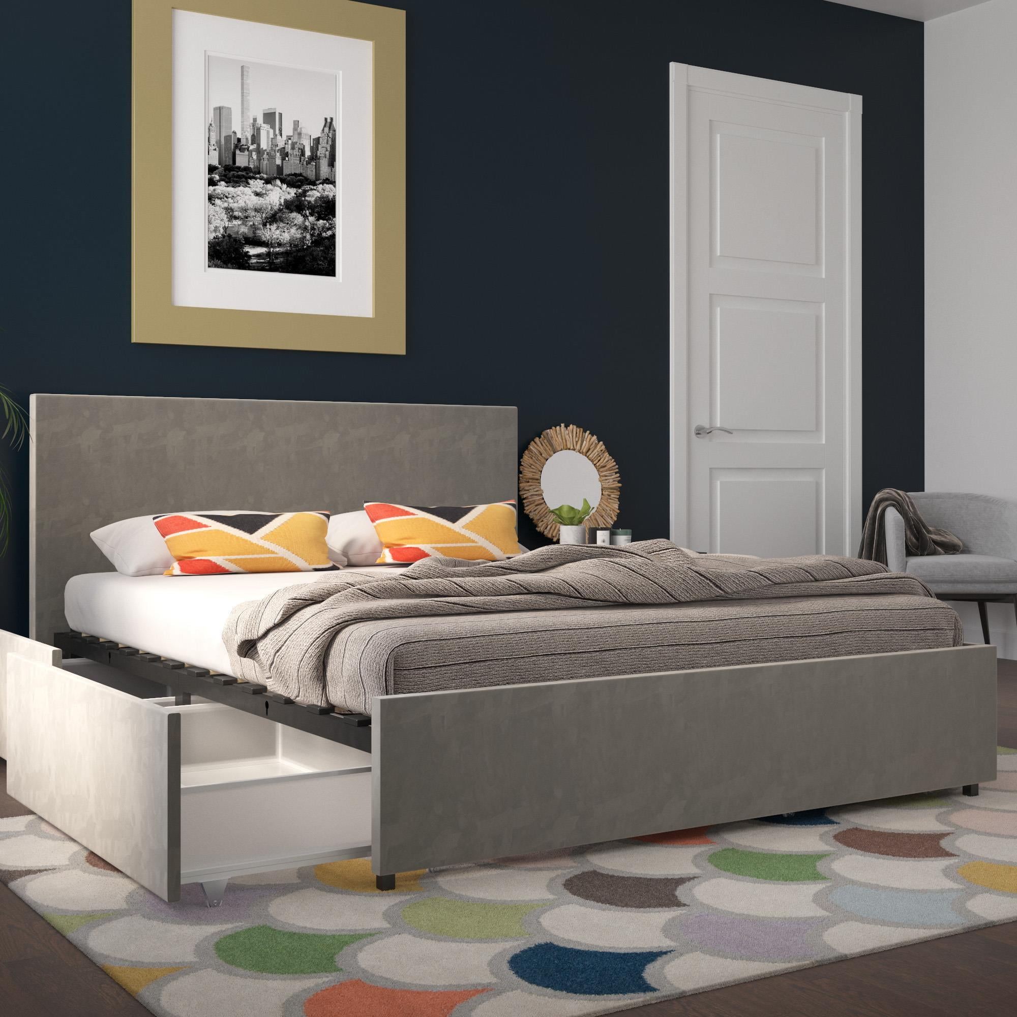 Novogratz Kelly Upholstered Bed with Storage Drawers, Light Gray Velvet