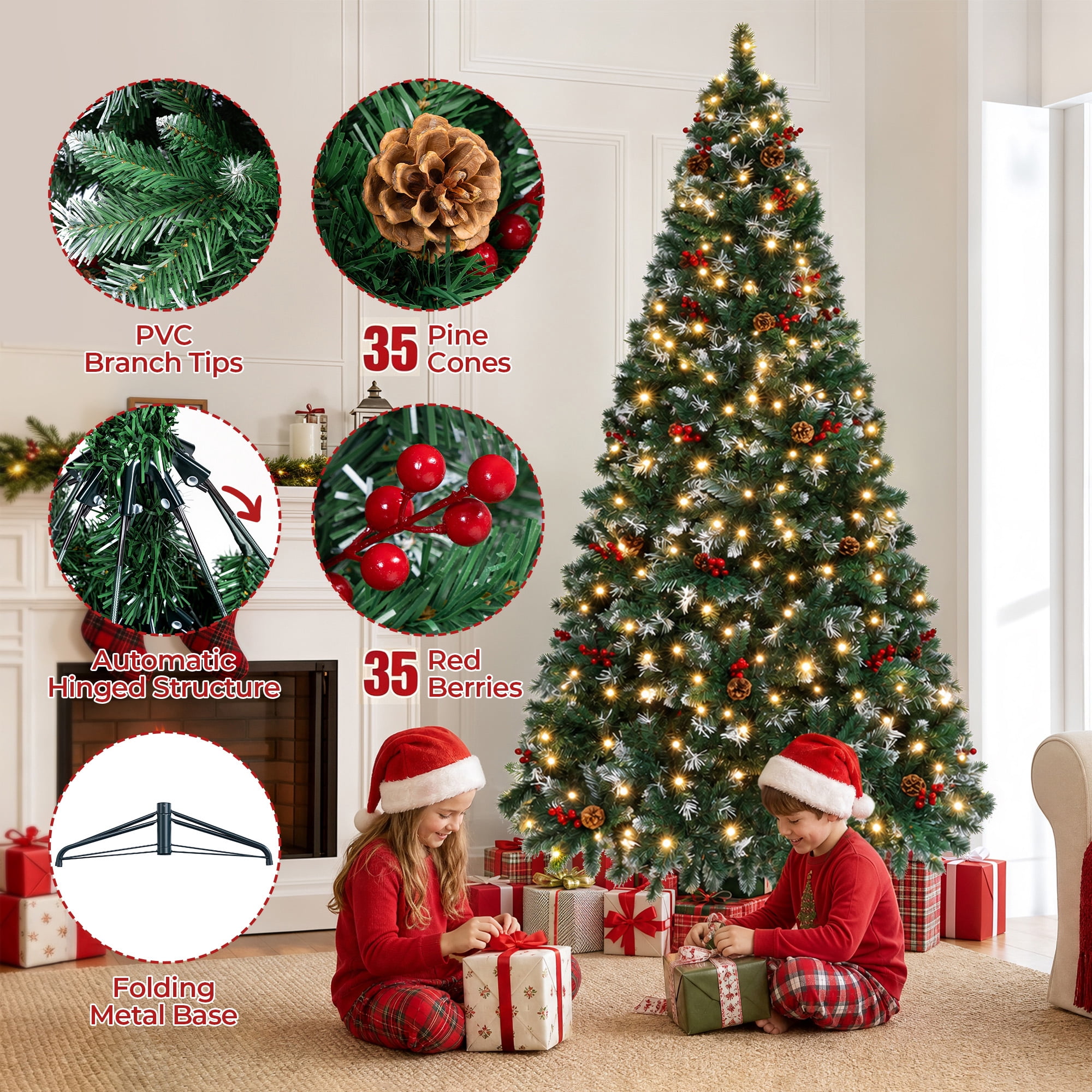 Firstness 6ft Pre-Lit Artificial Christmas Tree with Storage Bag, Warm & Multicolor Xmas Tree with 975 Branch Tips,Pine Cones + Red Berries