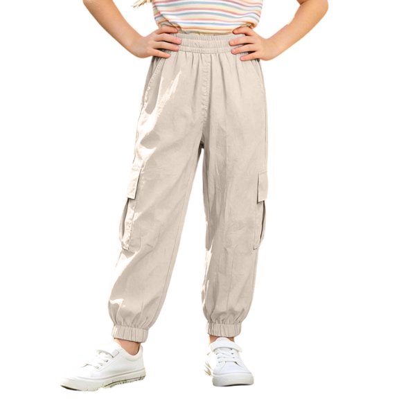 Girls School Uniform Pants Pocket Lightweight Elastic Waistband Solid Print Cargo Back To School Pants for Girls Size 3-4 Years