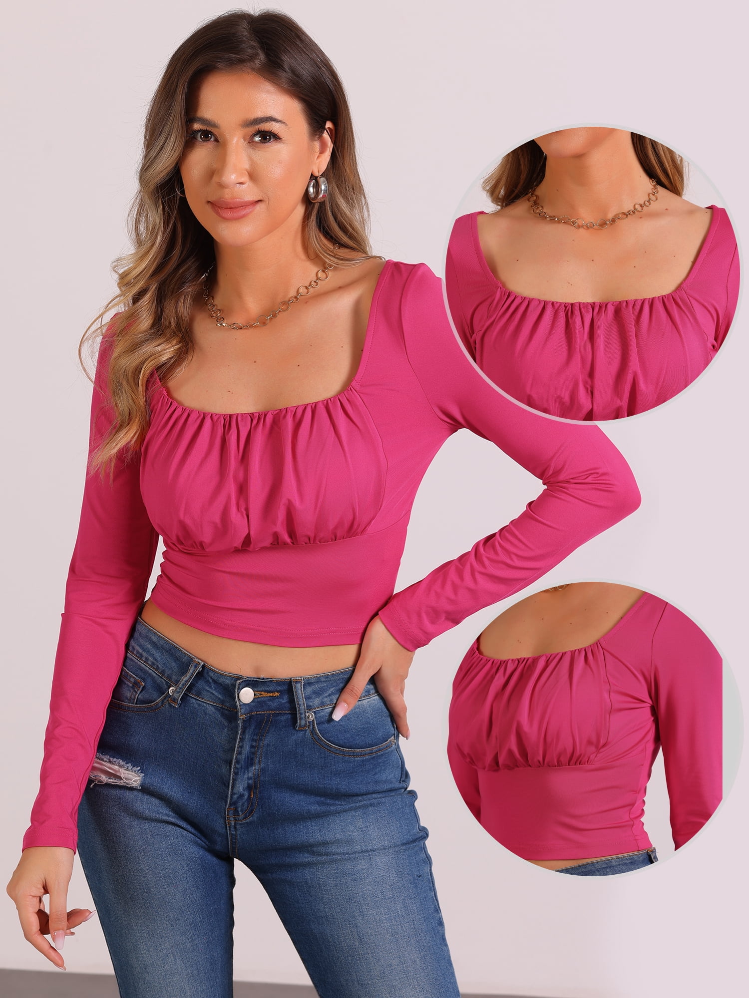 DARING DIVA Women's Square Neck Ruched Long Sleeve Fitted Cropped Blouse XS Hot Pink