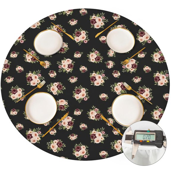 Pioneer Flower Floral Print Pattern Round Fitted Tablecloth with Elastic Edge, Waterproof Dining Table Cover for Indoor Outdoor Camping and Daily Use