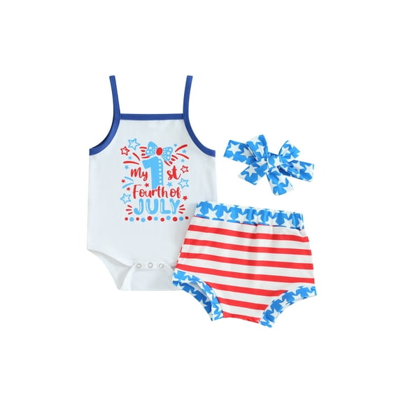 Hirigin My First 4th of July Baby Girl Outfits Letter Print Sling Tank Romper Top American Flag Shorts Headband 3Pcs Clothes Set