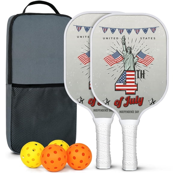 Pickleball Paddles Set Of 2, Fiberglass Surface, USA, Independence Day Print, 4 Balls & Bag