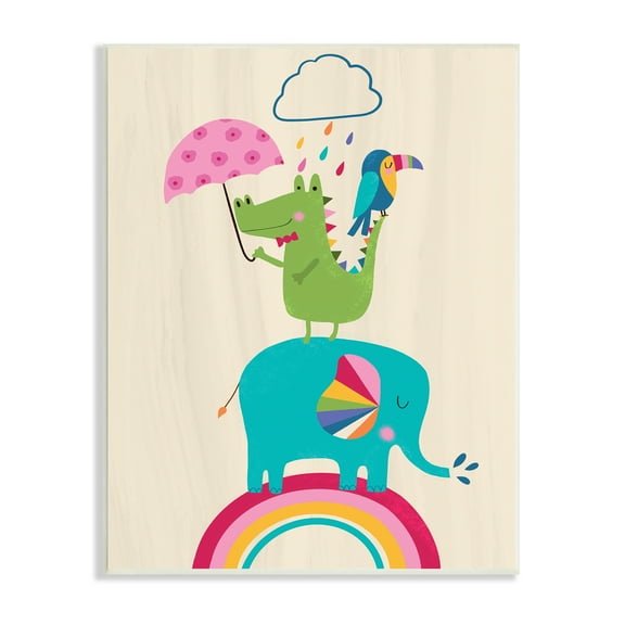 Stupell Industries Animals Standing on Rainbow Kid's Elephant Alligator Toucan, 13 x 19, Designed by Louise Allen