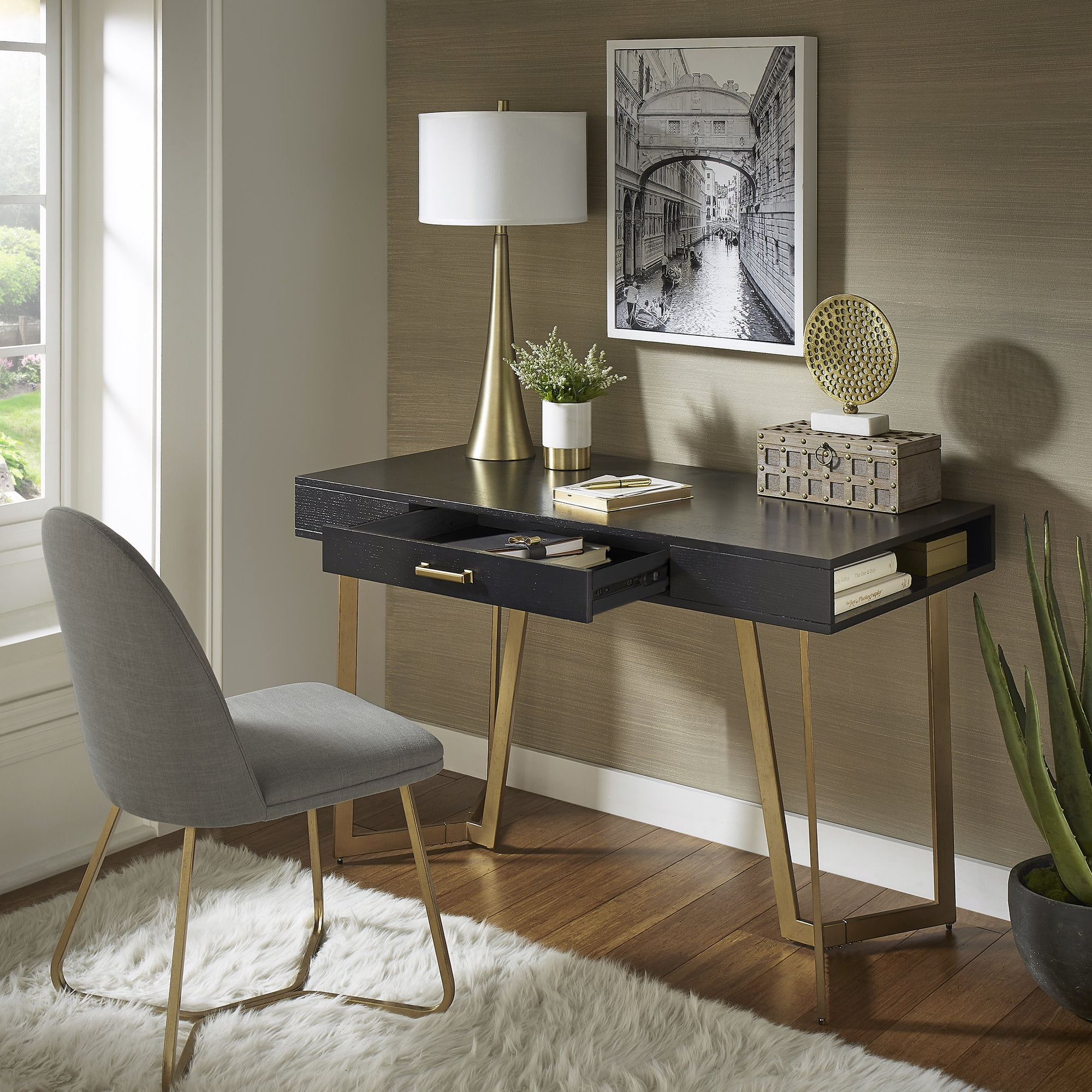 Weston Home Marquis Black Finish Writing Desk with Gold Metal Base