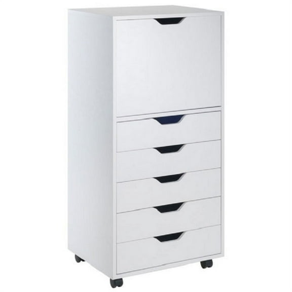 Contemporary Home Living 41.25” White Hallifax Wooden High Cabinet with Casters