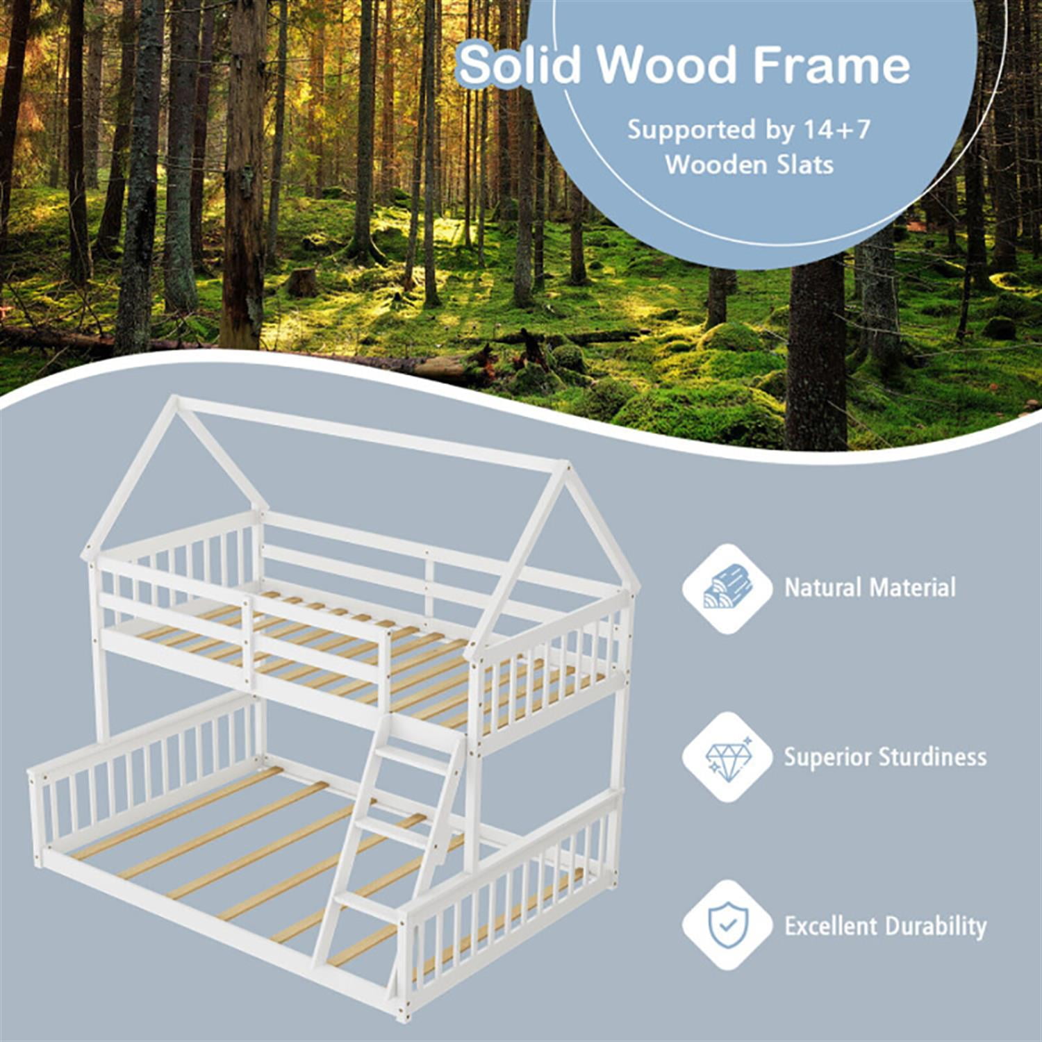 Demi Bonn Twin Over Full Bunk Bed with Ladder and Guardrails, House Twin Bunk Beds, Bed Frame, White