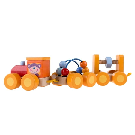 Classic Wooden Toy, Interactive Learning Train Set with Bead Maze and Screw Block Train Cars by Hey!