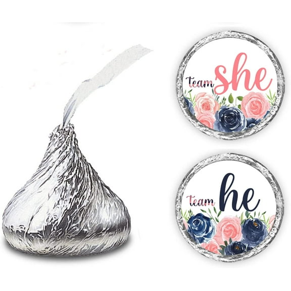 216 Team He Team She Kisses Labels, Navy and Blush Theme Stickers for Gender Reveal Party Event Decorations, Boy or Girl Wrappers, Favors Great for Tags, Games and Supplies (Pink, Blue)