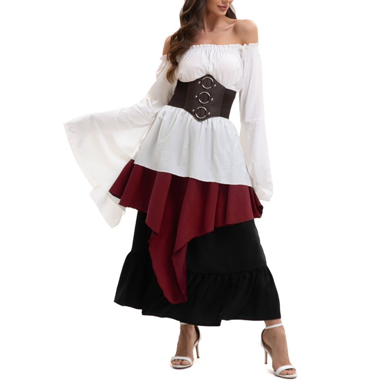 low cut medieval dress 2pcs Medieval Renaissance Style Women Costume, Low Cut Pirate Peasant High Low Hem Dress With Collar, Autumn Dress, Halloween Party Outfit Spring