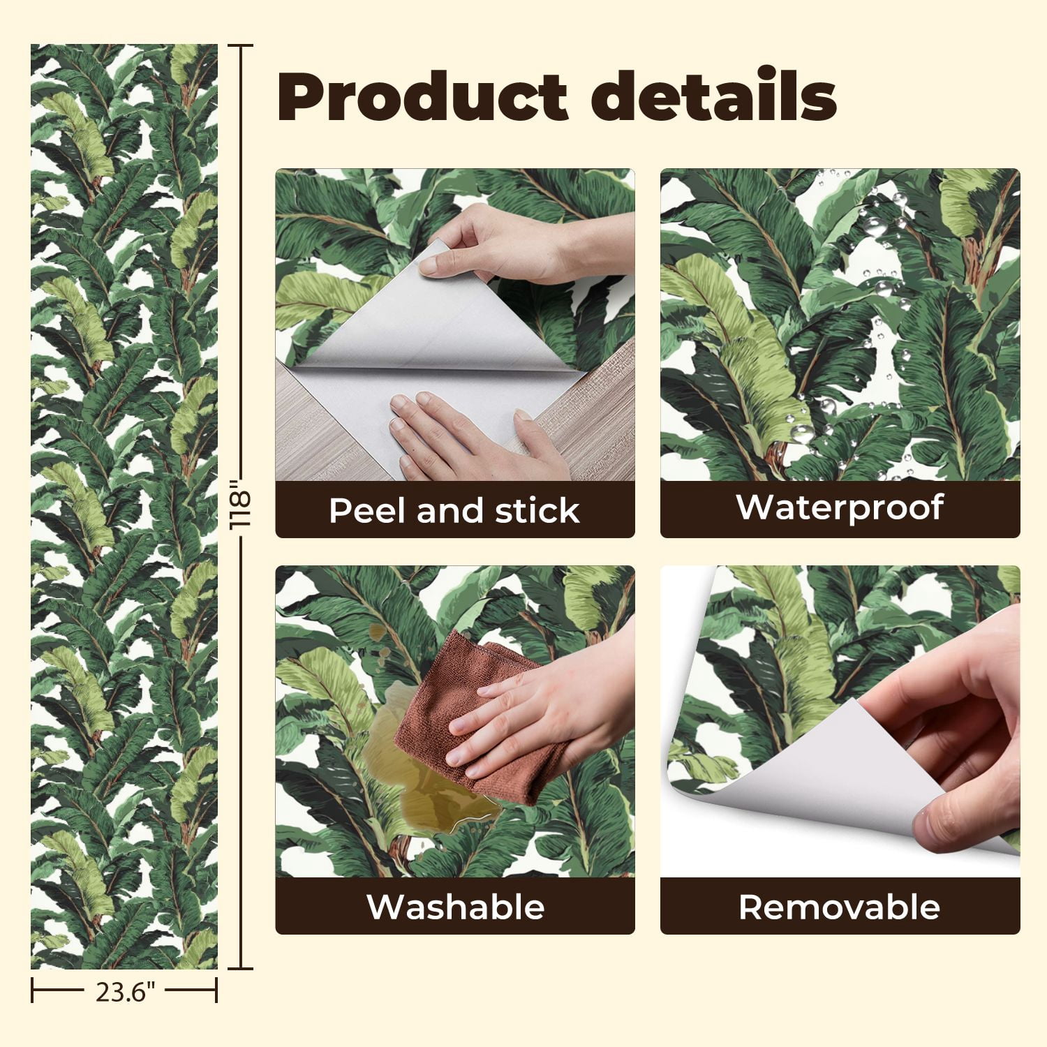 Vintage Peel and Stick Wallpaper Tropical Banana Leaves Bold Green Shades Wall Mural 23.6in x 9.8ft Self Adhesive Removable Wall Paper Renter Friendly Wallpaper for Nursery Bedroom Cabinets