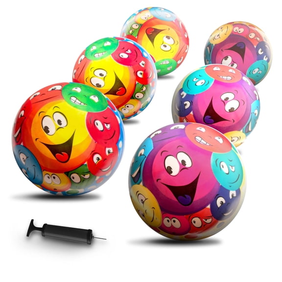 New-Bounce Colorful Smiley Play Ball Set – 6 Durable Kids Balls with Pump for Indoor or Outdoor Fun