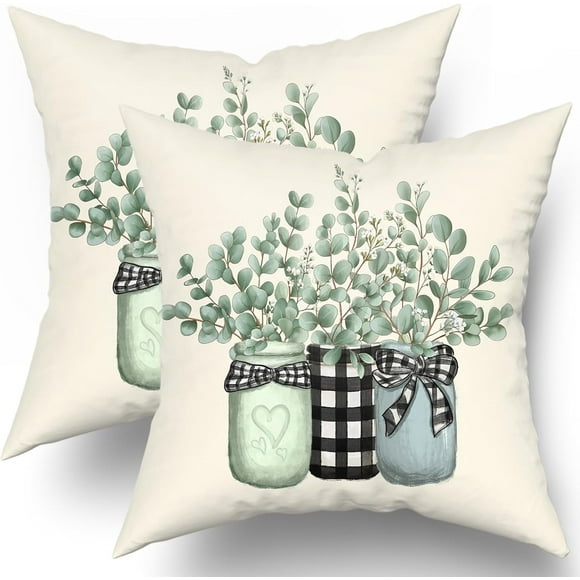 Housses de Coussin à Feuilles d'Eucalyptus, Ensemble de 2, Vert Printemps, Imprimé Botanique à Carreaux, Pot Vase, Taie Décorative, Été, Saisonnier, Naturel, Style Ferme, Housse de Coussin pour Maison, Sofa, Chambre, Porche, 20x20 Po