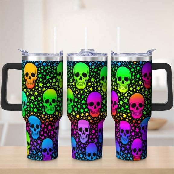 Skull tumbler 40 oz tumbler with handle and straw 304 stainless steel travel cup coffee mug water bottle suitable as a gifts for women Halloween gift men gift gift for skull lovers