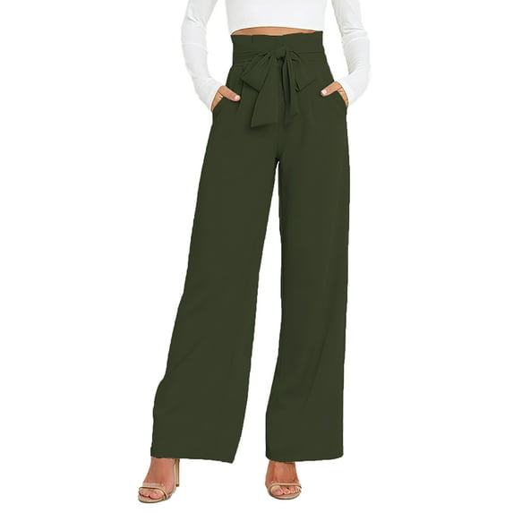 ChooTeeYeen Women's High Waist Pants Casual Pockets Belted Wide Leg Trousers Business Work Long Pants Detachable Tied Belt