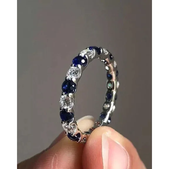 2Ct Round Cut Lab-Created Blue Sapphire white Diamond Eternity Band Ring 14K White Gold Plated