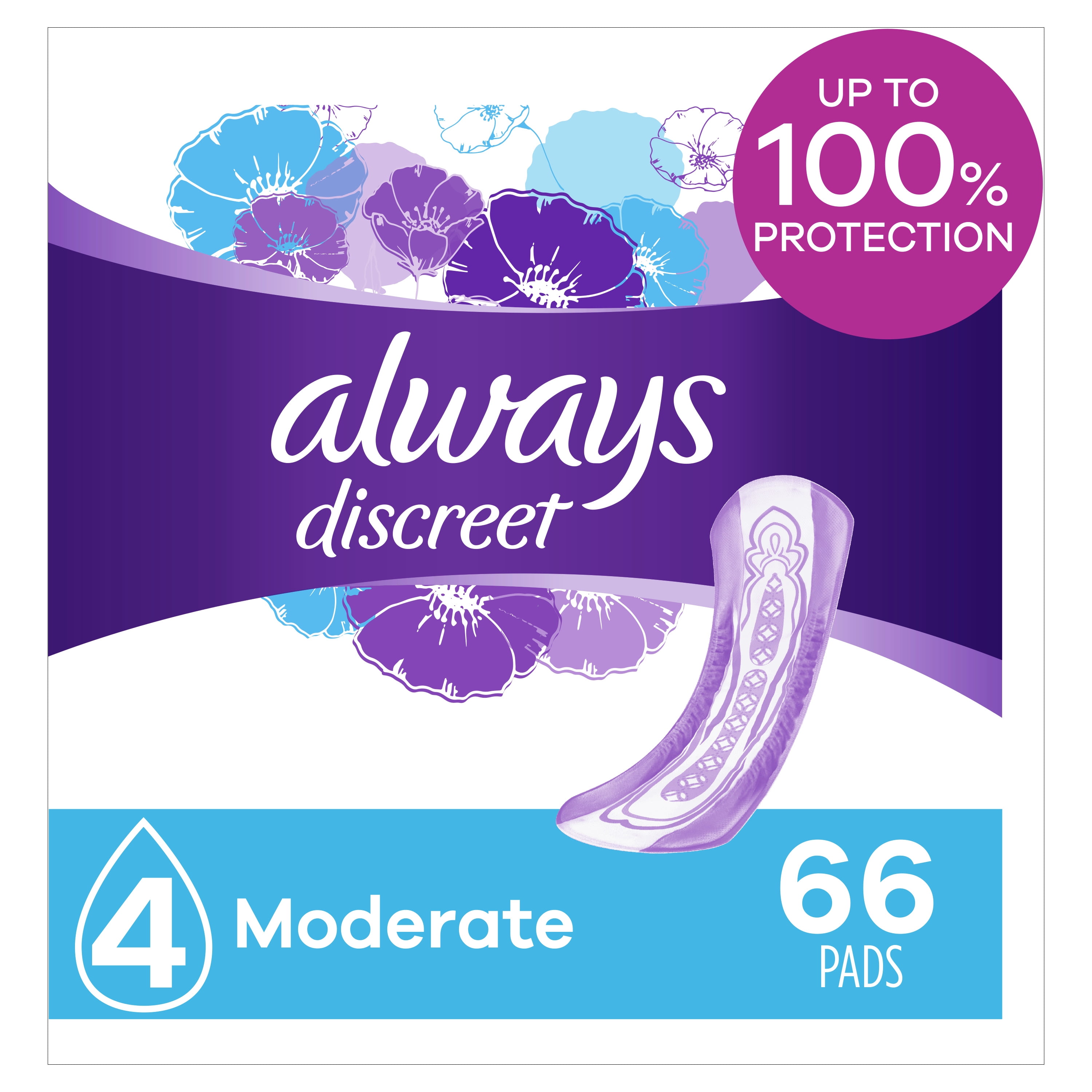 Always Discreet Incontinence Pads For Women Moderate Absorb 66 Ct 