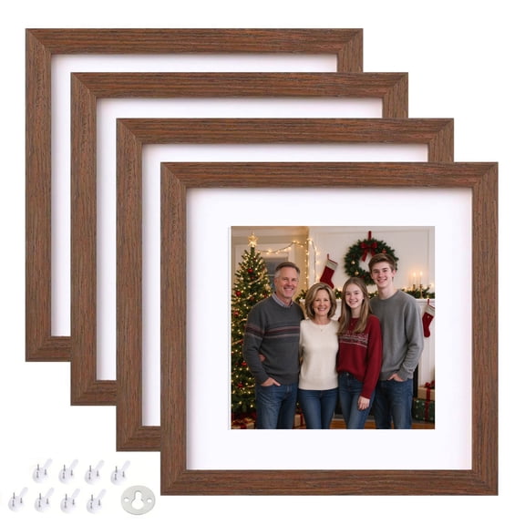 8x8 Picture Frame , Display Pictures 5x5 with Mat or 8x8 Without Mat Set of 4 for Tabletop and Wall Mounting, Driftwood Brown